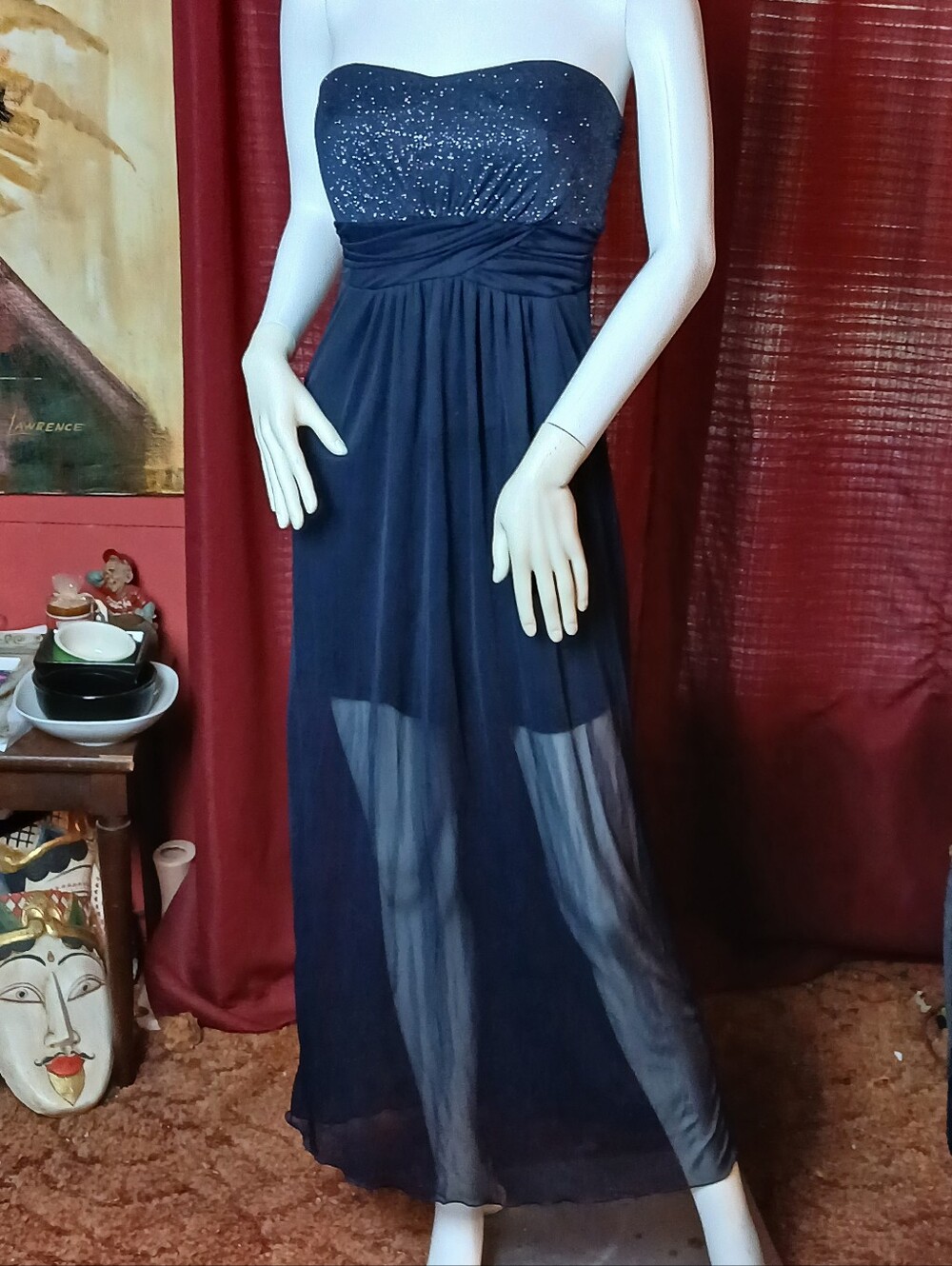 Strapless Navy Maxi Dress with Sparkle Bodice